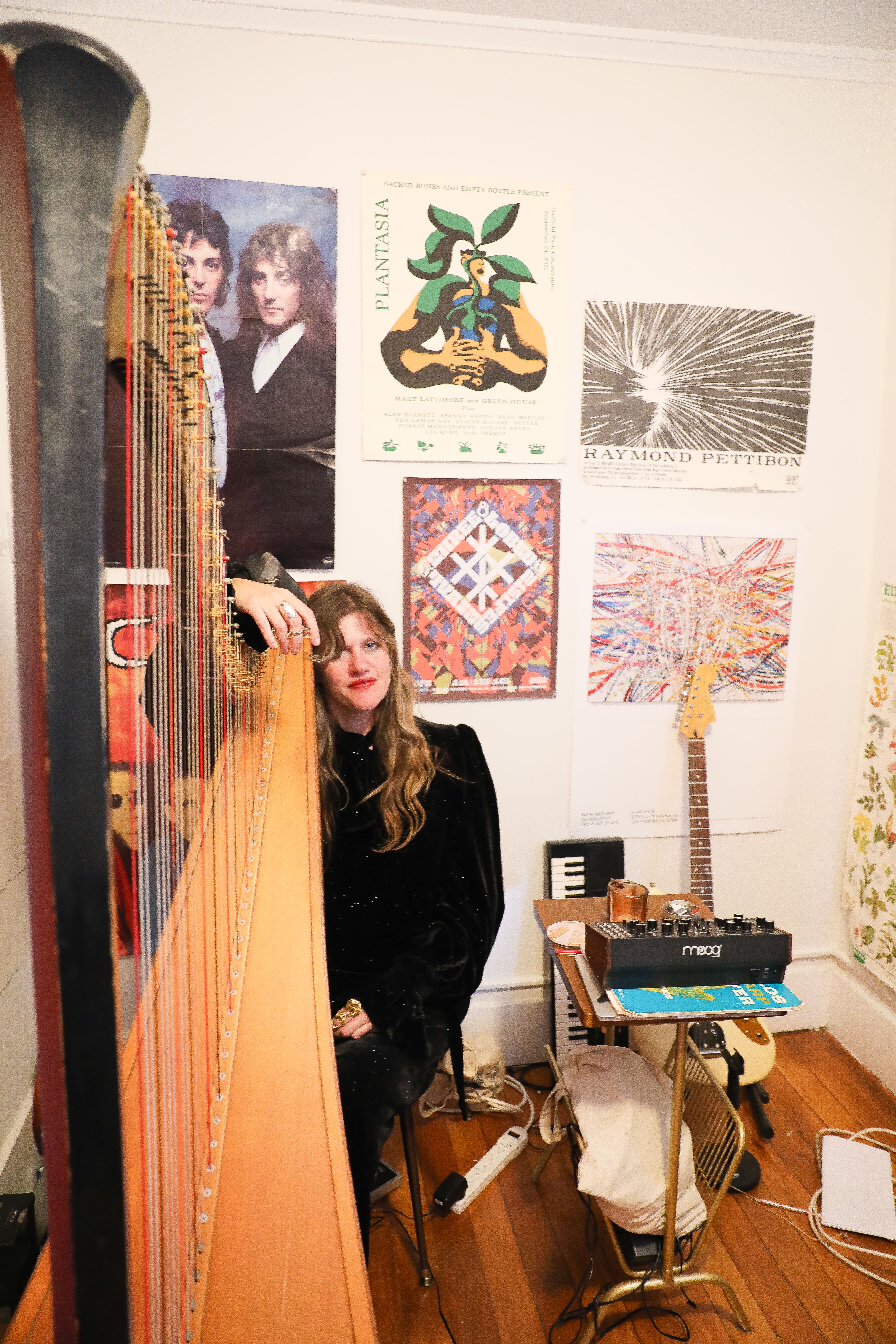 Mary at home in Los Angeles with her harp. Mary at home in Los Angeles with her harp.